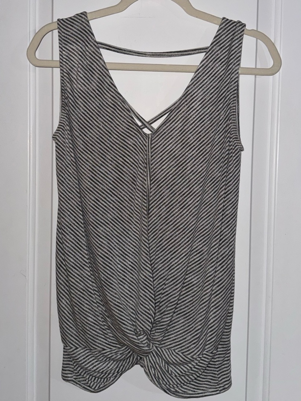 Daytrip Buckle Gray and White Striped Twist-Front Tank